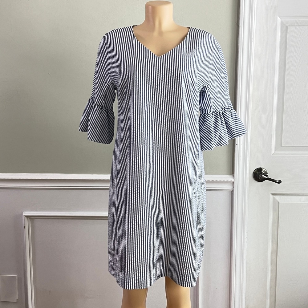 Duffield‎ Lane Seersucker Shift Dress L Bell Sleeve Blue White Coastal Preppy